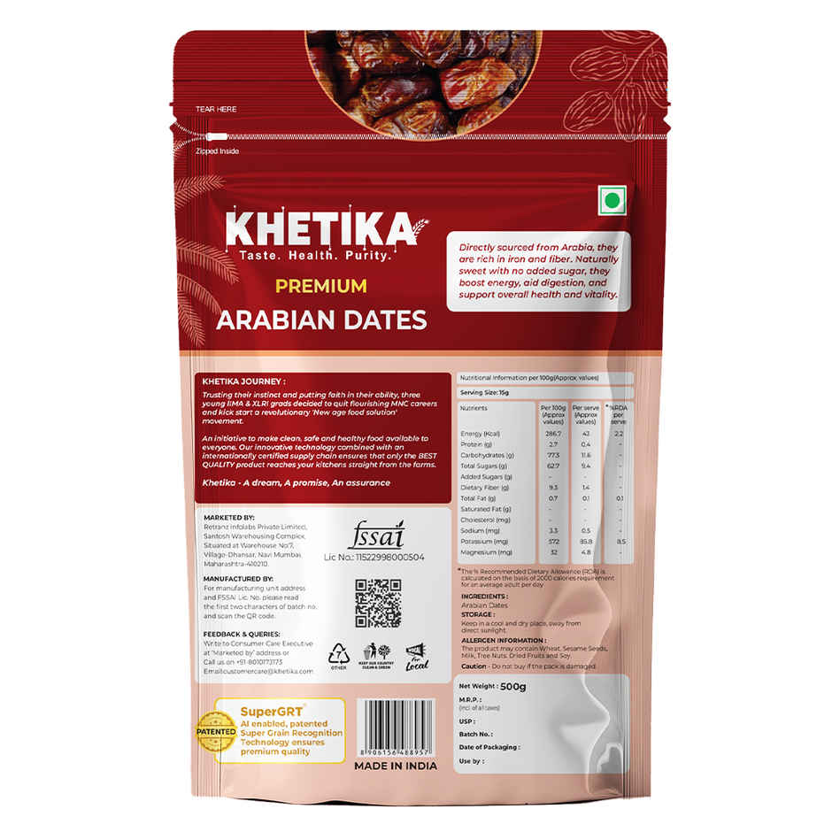 Khetika Premium Arabian Dates | Khajur, Khajoor | Rich in Fibre | No Added Sugar