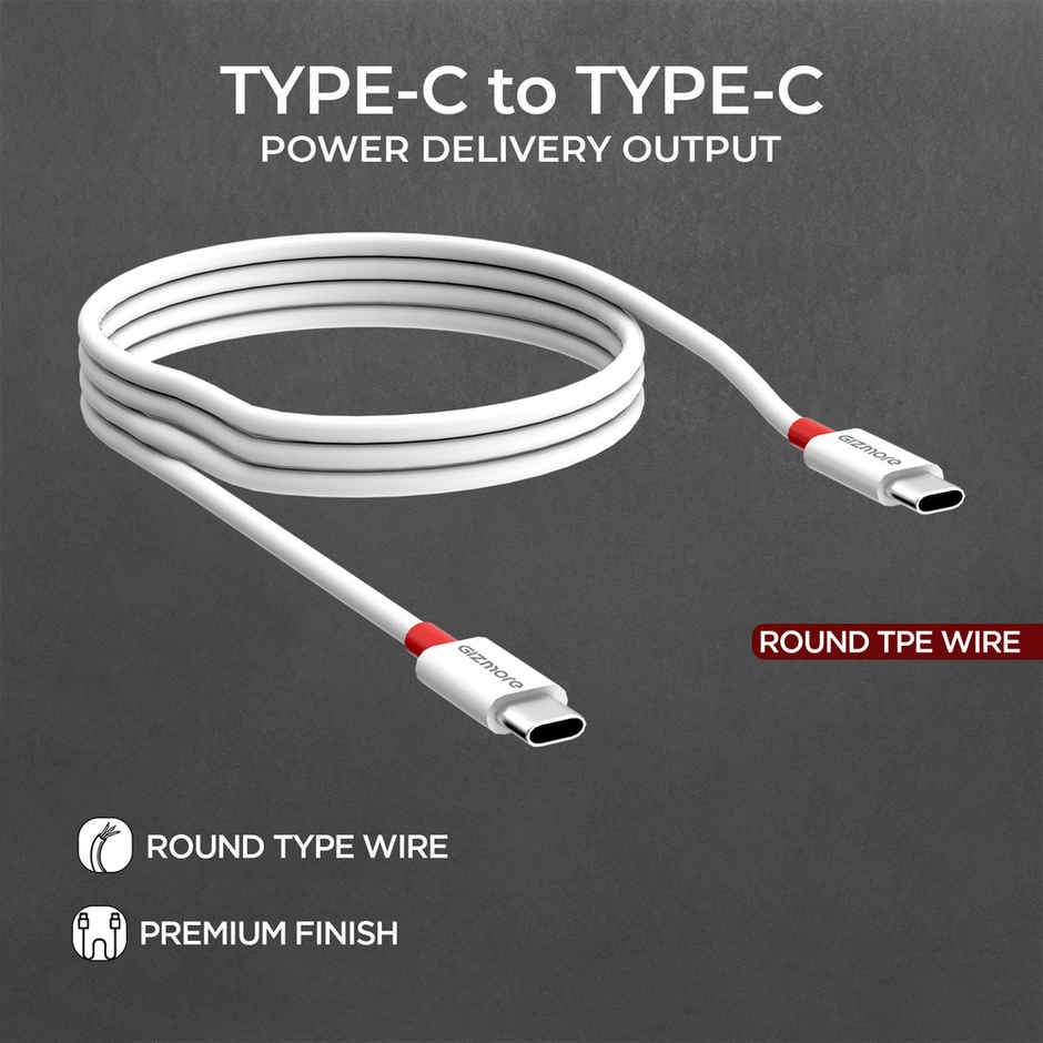 Gizmore WCC156 Type-C to Type-C 65W Fast Charging Cable, 480Mbps Data Transfer Speed, Compatible with Smartphones & All Type-C Devices - White