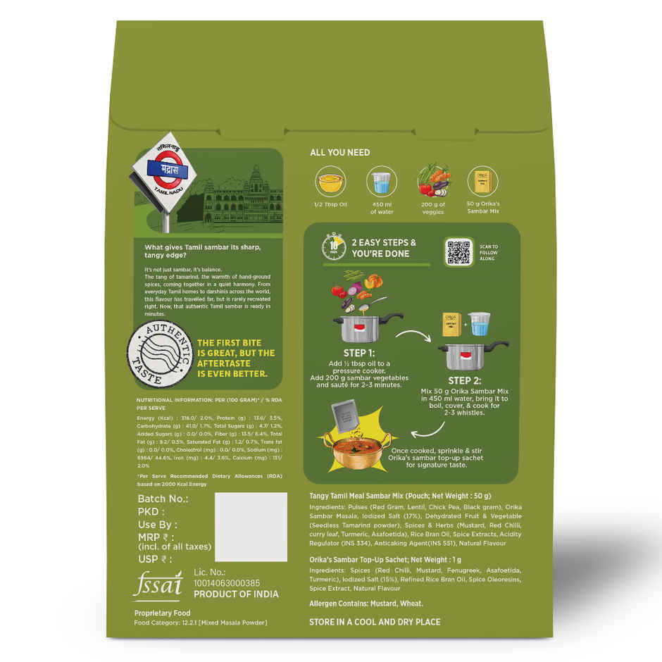 Orika Tangy Tamil Meal Sambar Mix | With Special Taste Maker Sachet