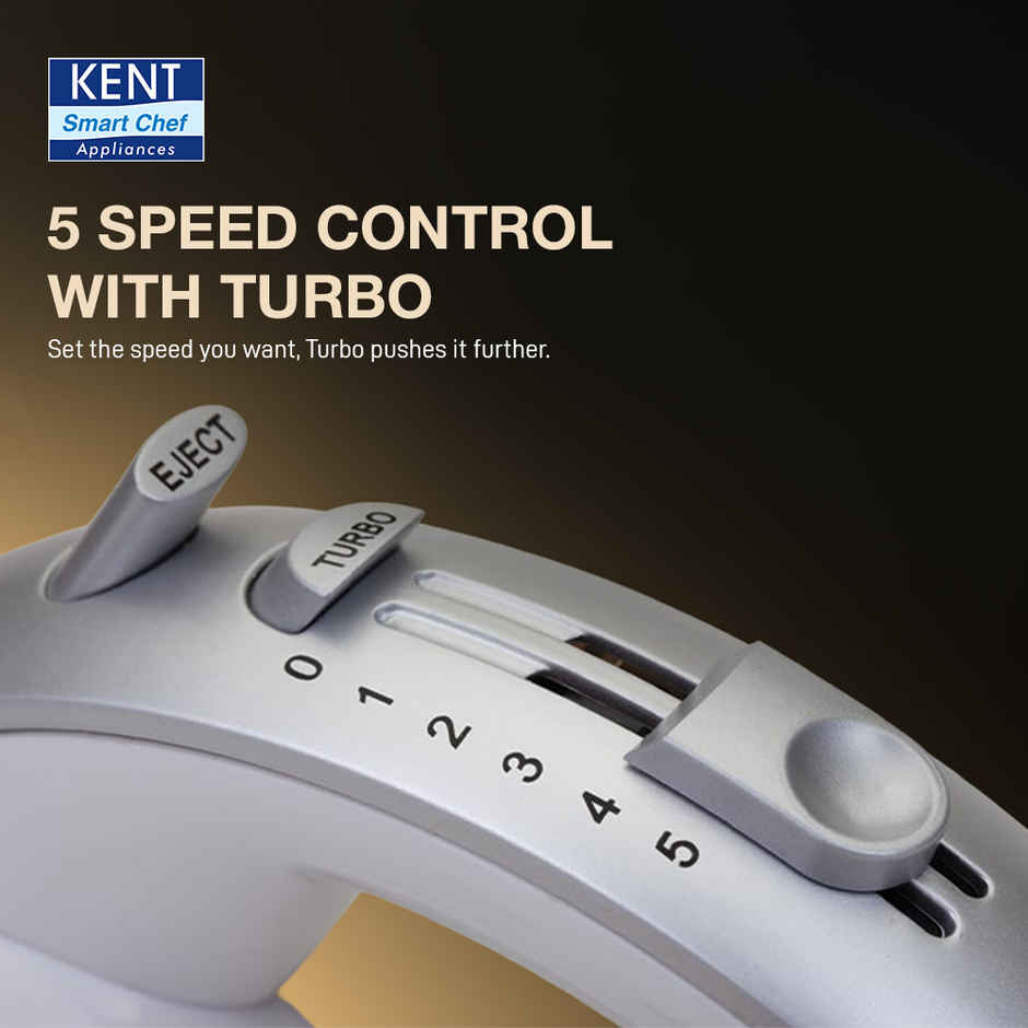 Kent 16051 Hand Blender 300 Watt, 5 Variable Speed Control, Multiple Beaters & Dough Hooks, Turbo Function, Plastic - White