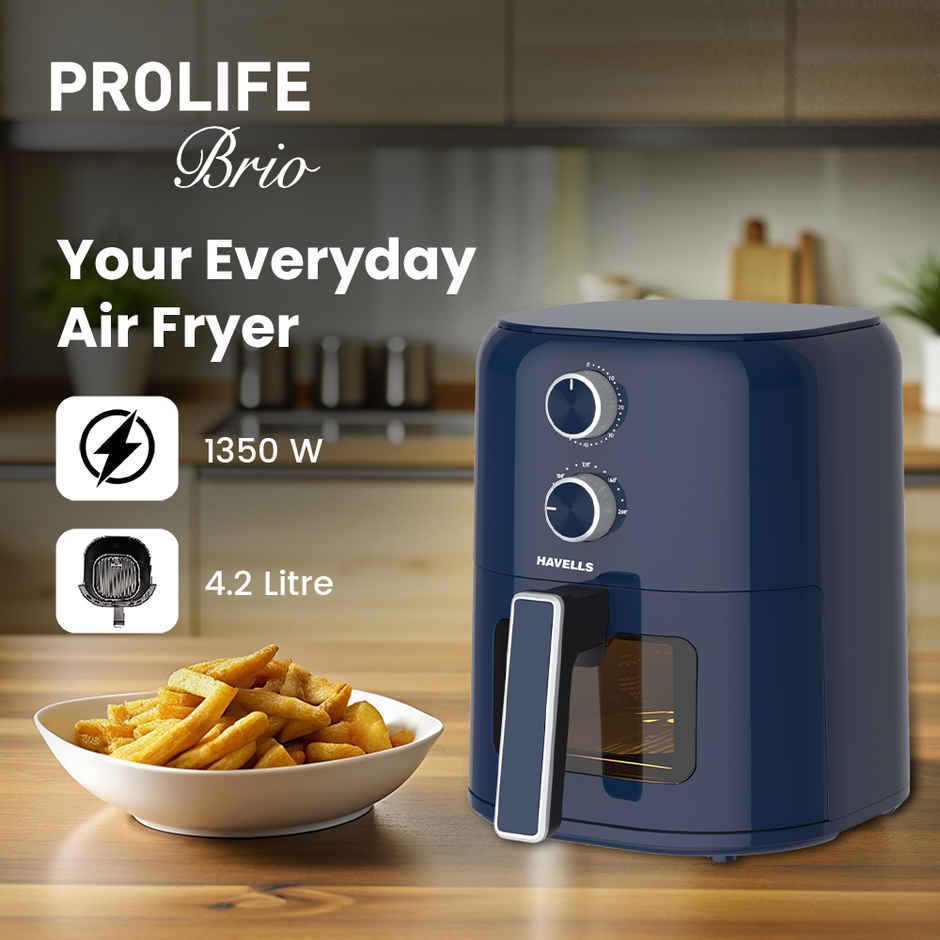 Havells Prolife Brio Air Fryer 4.2 L | Non-Stick Silicon Coated Basket | Blue
