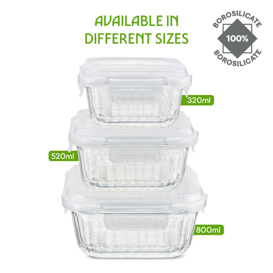 Borosil Fluted Klip N Store Square Food Storage Container Borosilicate Glass Microwave Safe