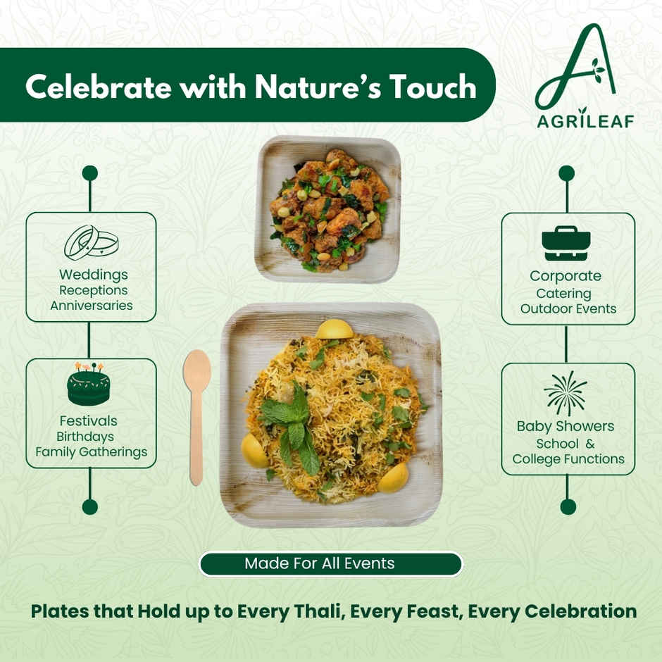 AGRILEAF Square Areca Palm Leaf Disposable Plate Combo | 25.4 & 17.8 cm  Plates  and Spoons | 5 sets