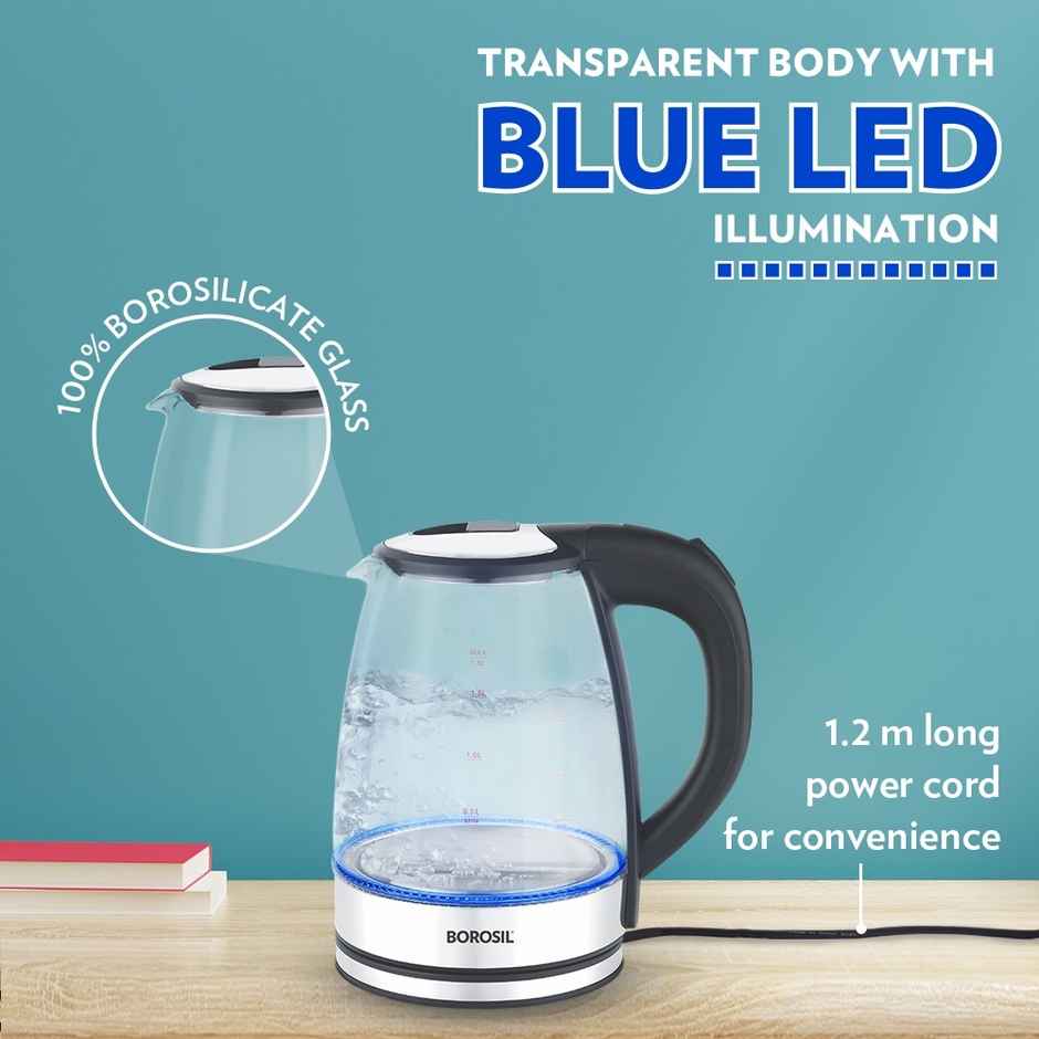 Borosil Electric Glass Kettle Extra Long Cord Dry Boil Protection 1500W 360 Degree Rotating Base