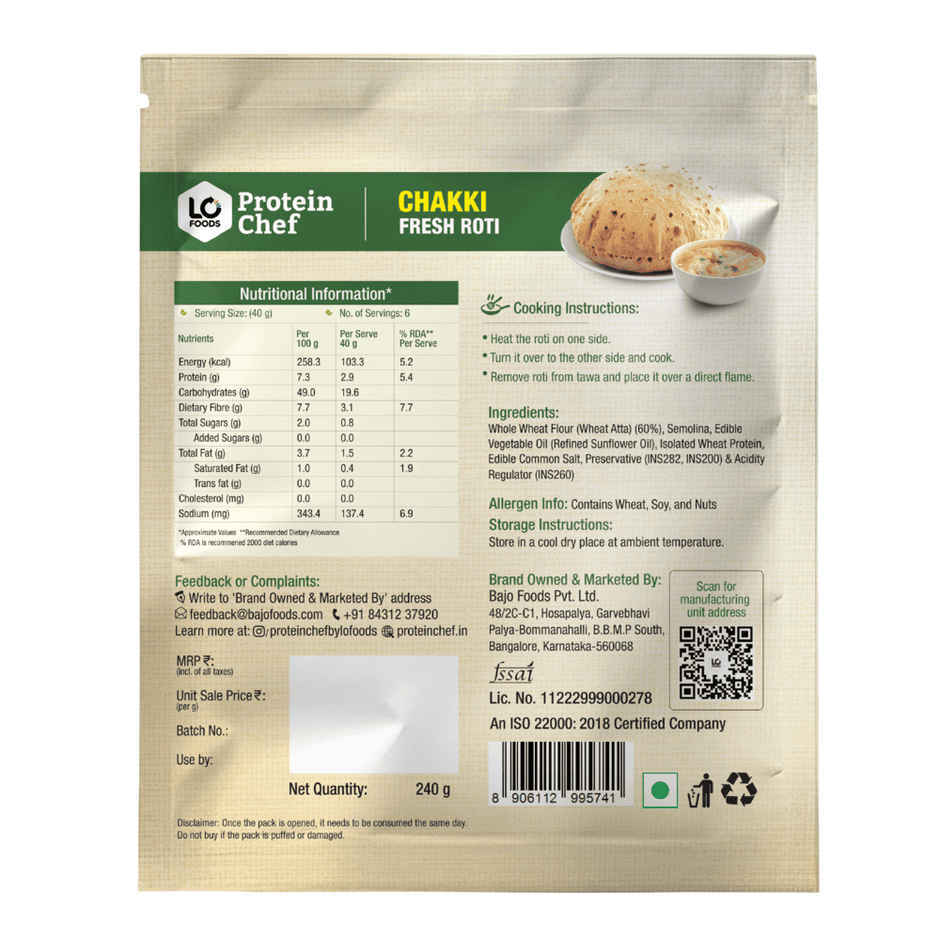 Protein Chef Whole Wheat Roti | Non Frozen | Fresh | MP Sharbati Atta | Ready to Cook Chapati