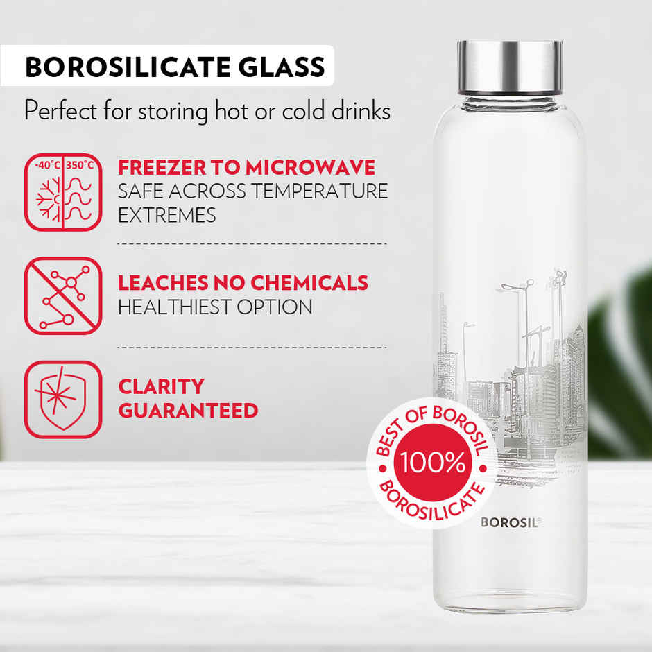 Borosil Roma Narrow Mouth Bottle with Metal Lid Borosilicate Glass Dishwasher Safe