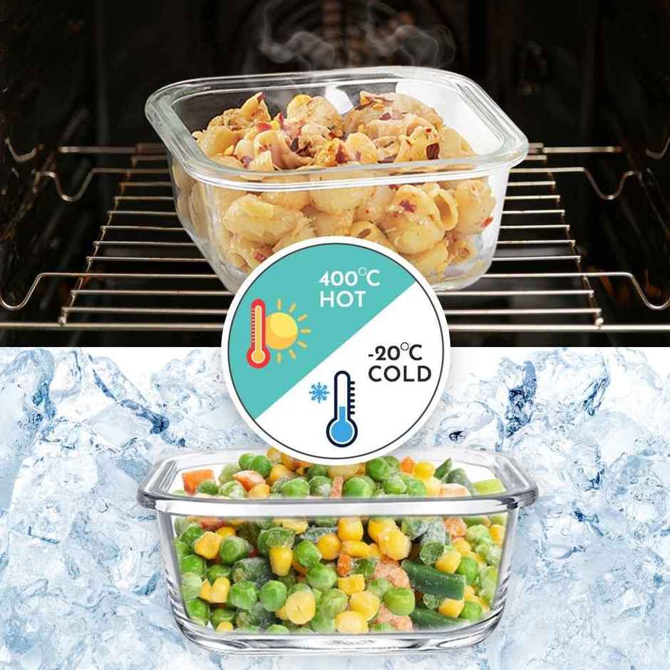 Magnus Glock Solid Lunch Box With Bag, 3pc Square Containers (320 ml Each), Borosilicate Glass Tiffin