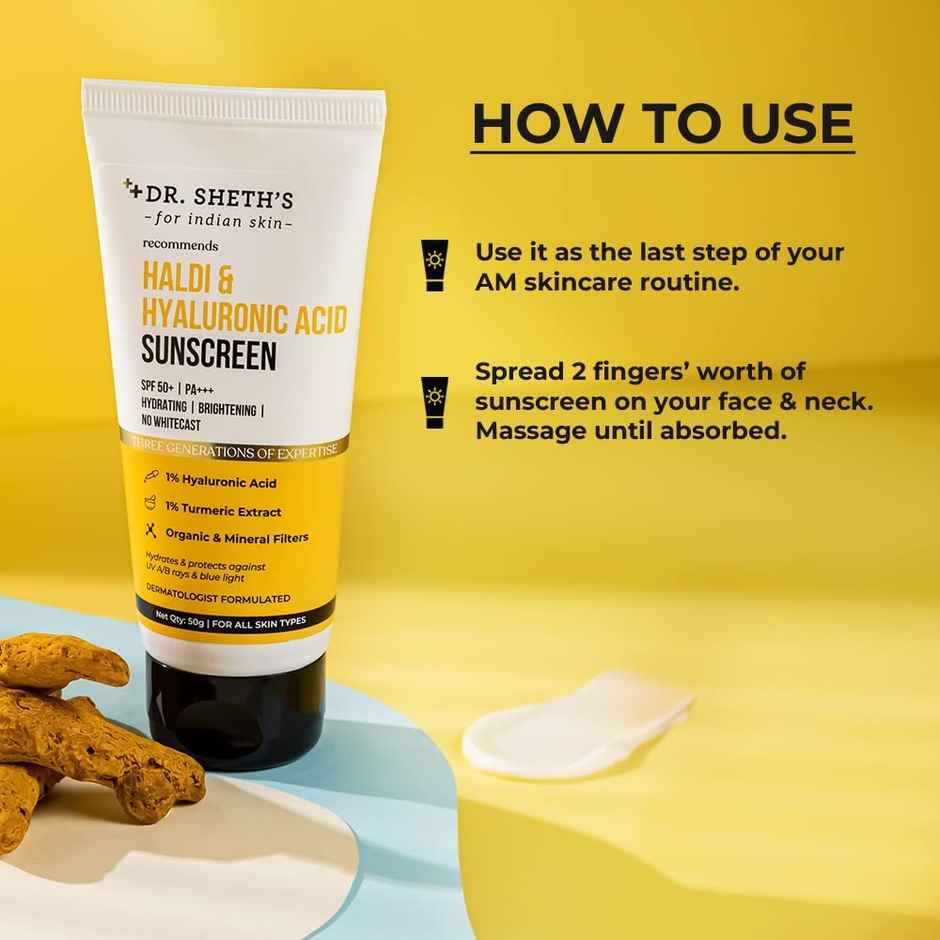 Dr. Sheth's Haldi & Hyaluronic Acid Sunscreen SPF 50+ PA++++ | Hydrates & Brightens Skin