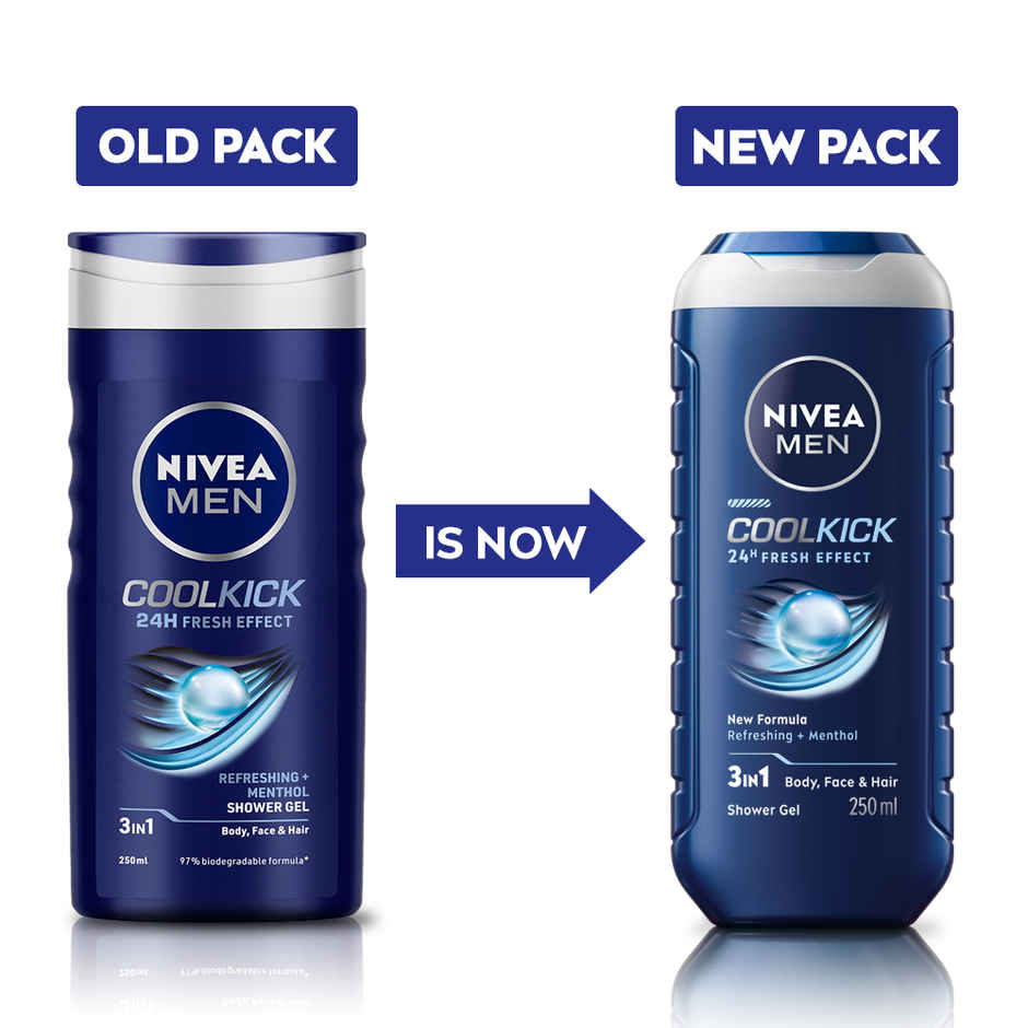 Nivea Men Cool Kick With Refreshing Icy  Menthol Shower Gel For Body Face & Hair (250ml) & Nivea Men'S Deodorant Roll On For Men (50ml) Combo