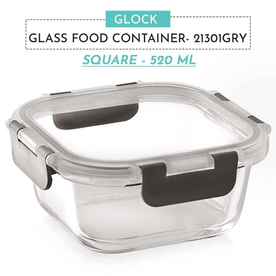 Magnus Glock 520 ml Square Grey Container with Airtight Lid & Detachable Lock, Borosilicate Glass