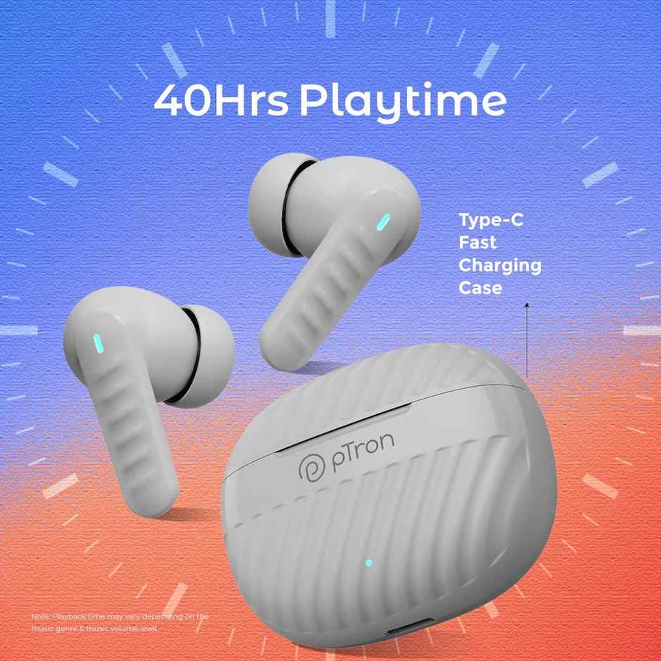pTron Bassbuds Bliss TWS Earbuds | TruTalk ENC Calls | 40H Playtime | 50ms Game/Music Mode - Grey