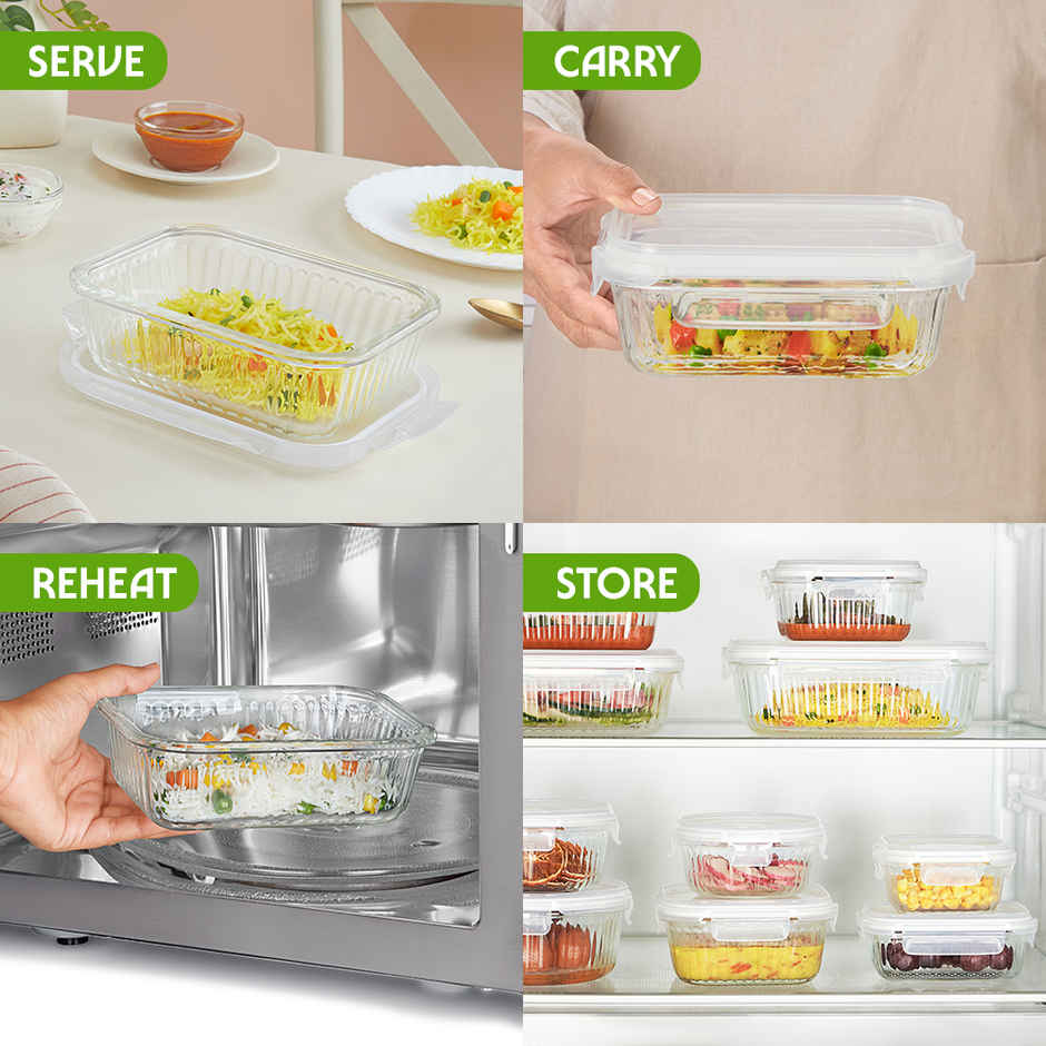 Borosil Fluted Klip N Store Rectangle Food Storage Container Borosilicate Glass Microwave Safe