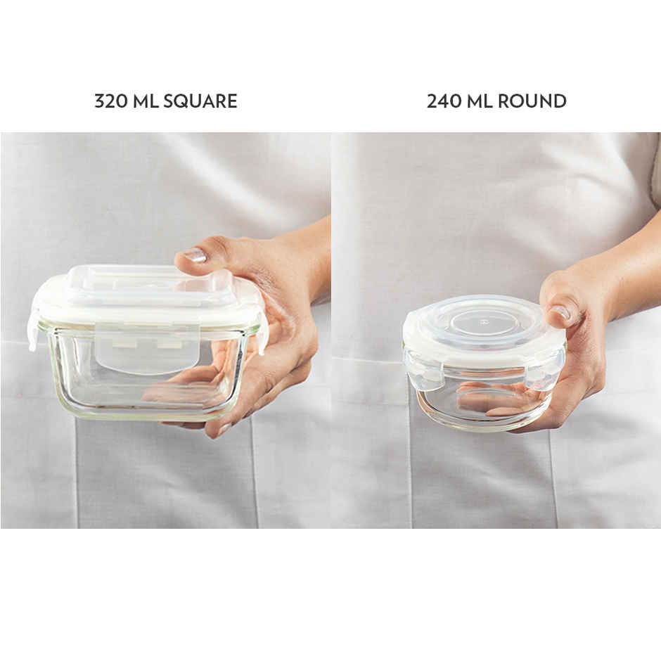 Borosil Stellar Daisy Square & Round Glass Lunch Boxes | Microwave Safe | 320 ml & 240 ml