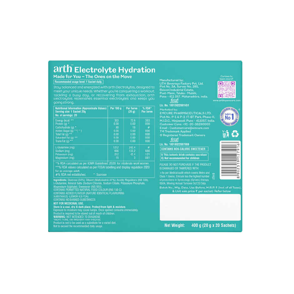 Arth by Emcure Electrolyte Hydration Boosts Energy Endurance Lemon Iced Tea Flavor