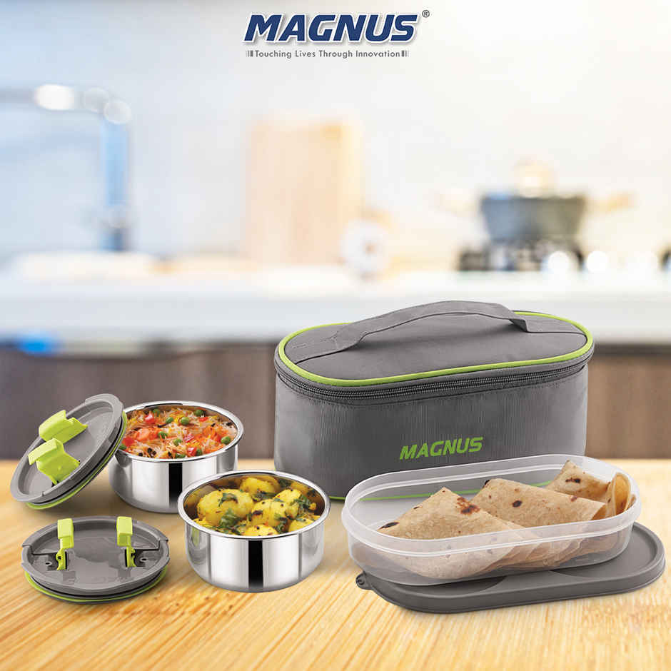 Magnus Olive 3 Lunch Box Set Leak-Proof Steel Containers for School with Insulated Bag (950 ml)