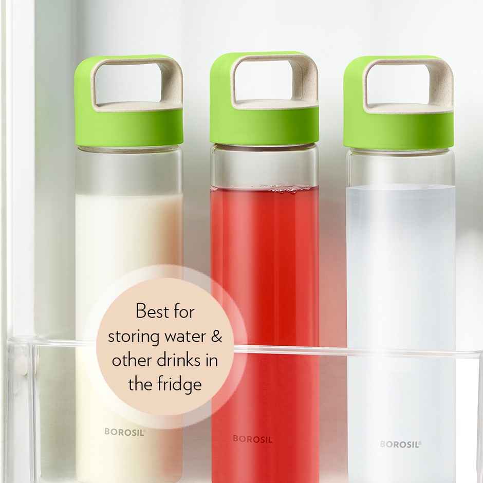 Borosil 1L Neo Glass Water Bottle With Husk Green Lid, Borosilicate Glass Bottle