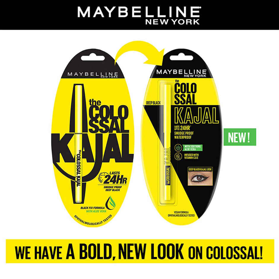 Maybelline New York Colossal Kajal Black Fix With Aloe Vera(0.35gms), Maybelline New York Volume Express Colossal Mascara Waterproof Black(10ml) & Maybelline Eyeliner - Bold Black | Waterproof(1pc) Combo