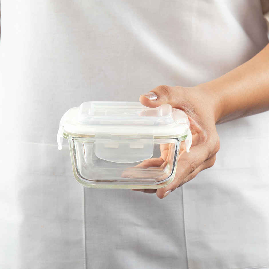 Larah by Borosil Stellar Horizontal Glass Lunch Box with Bag | Microwave Safe | 320 ml