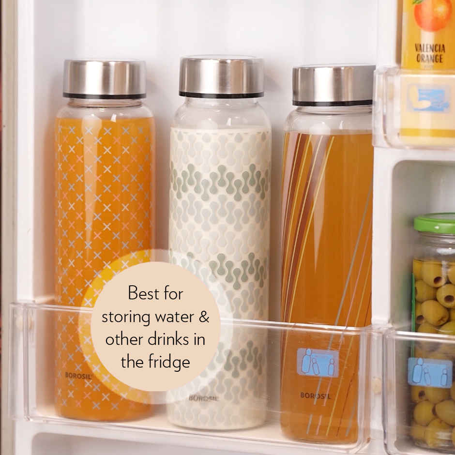 Borosil Sintra Narrow Mouth Bottle with Metal Lid Borosilicate Glass Dishwasher Safe