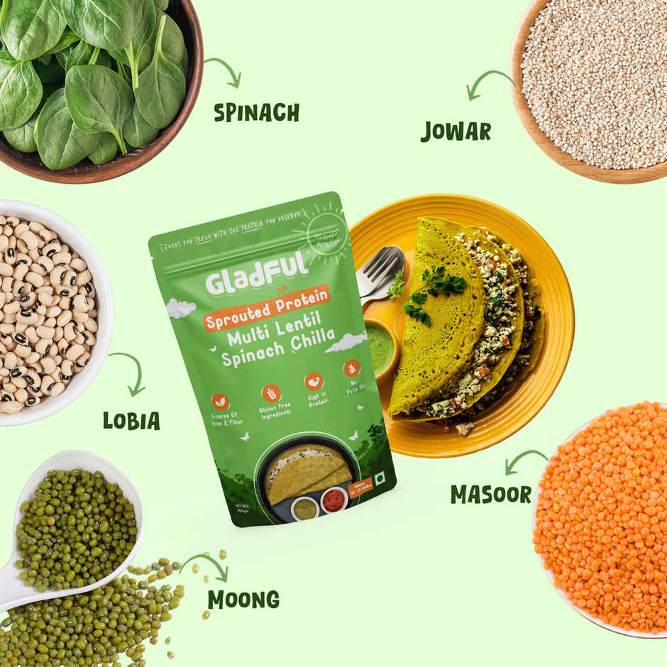 Gladful Spinach Protein Sprouted Lentils and Millets Instant Chilla Mix