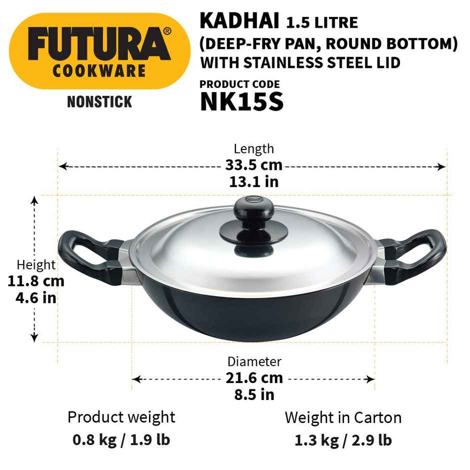 Hawkins Futura 1.5 Litre Non Stick Kadhai With Stainless Steel Lid, Kadhai Black (Nk15S)