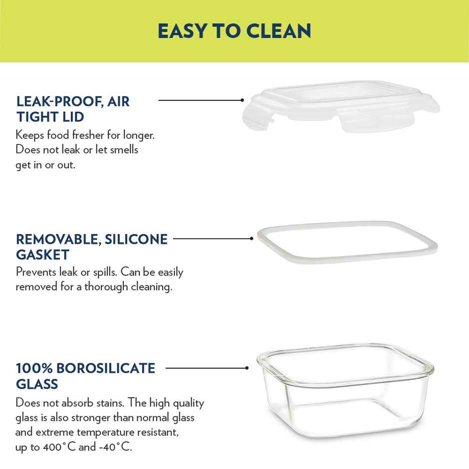 Borosil Alfa Lunchbox | 4 Pcs Glass Set | 320 ml x 4 Square