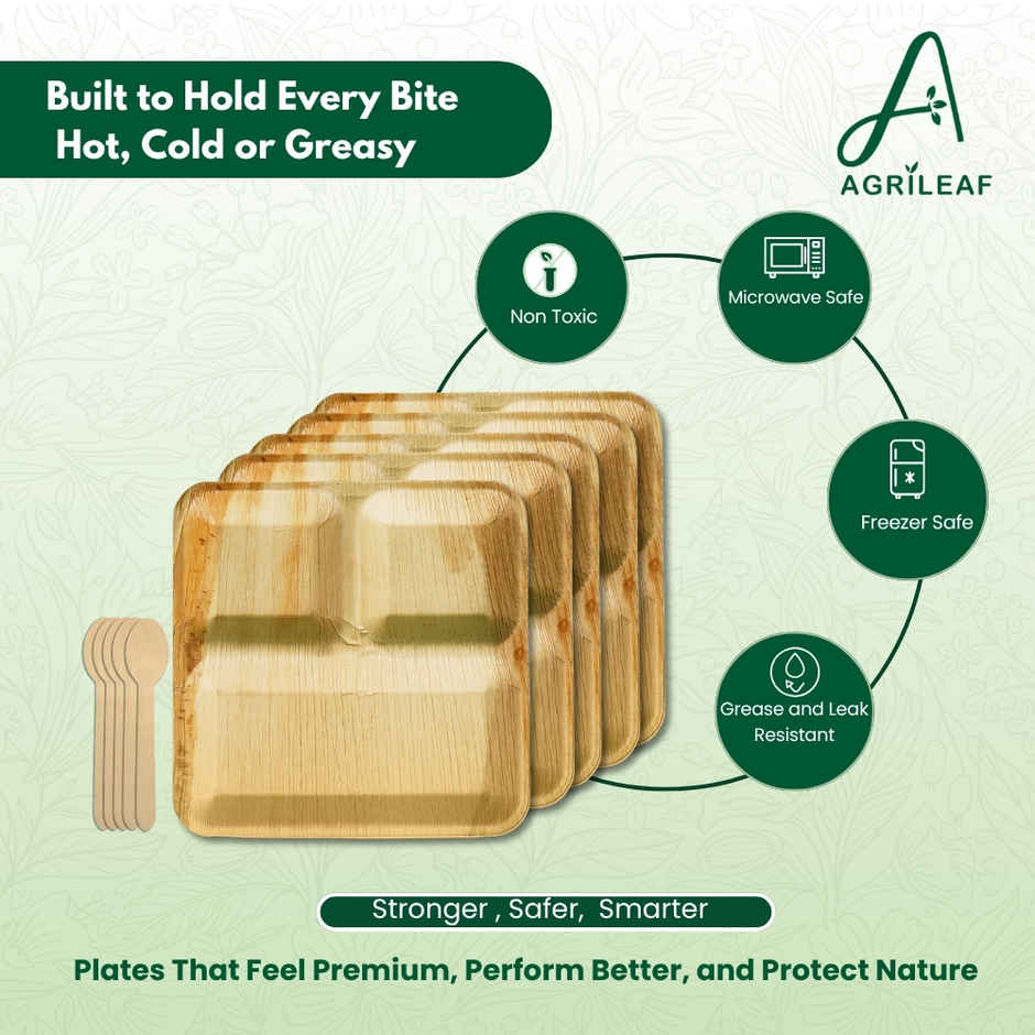 AGRILEAF 9 Inch Square 3-Compartment Areca Palm Leaf Disposable 5 Plates with 5 Spoons