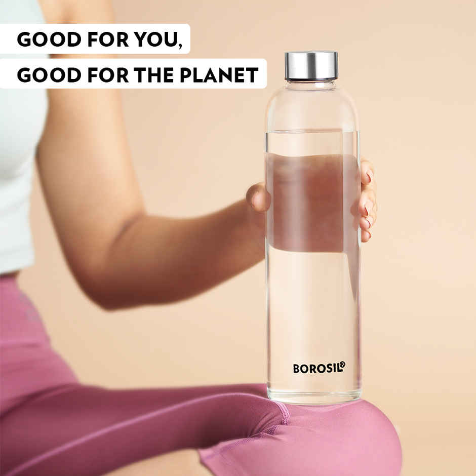 Borosil Crysto Narrow Mouth Borosilicate Glass Water Bottle with Steel Lid | 1 L