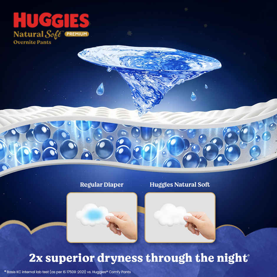 Huggies Natural Soft Overnite Premium Baby Diapers | L | Keeps baby dry all night with cloud softness