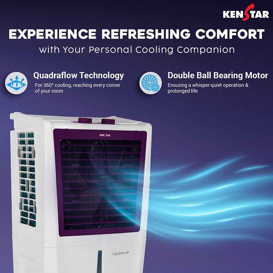 Kenstar 40 L Room | Personal Air Cooler | White & Purple | Cyclone Hc 40
