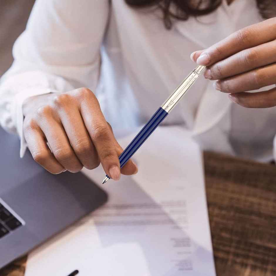 Parker Jotter Chrome Trim Blue Ball Pen | Blue Ink | Iconic Gift