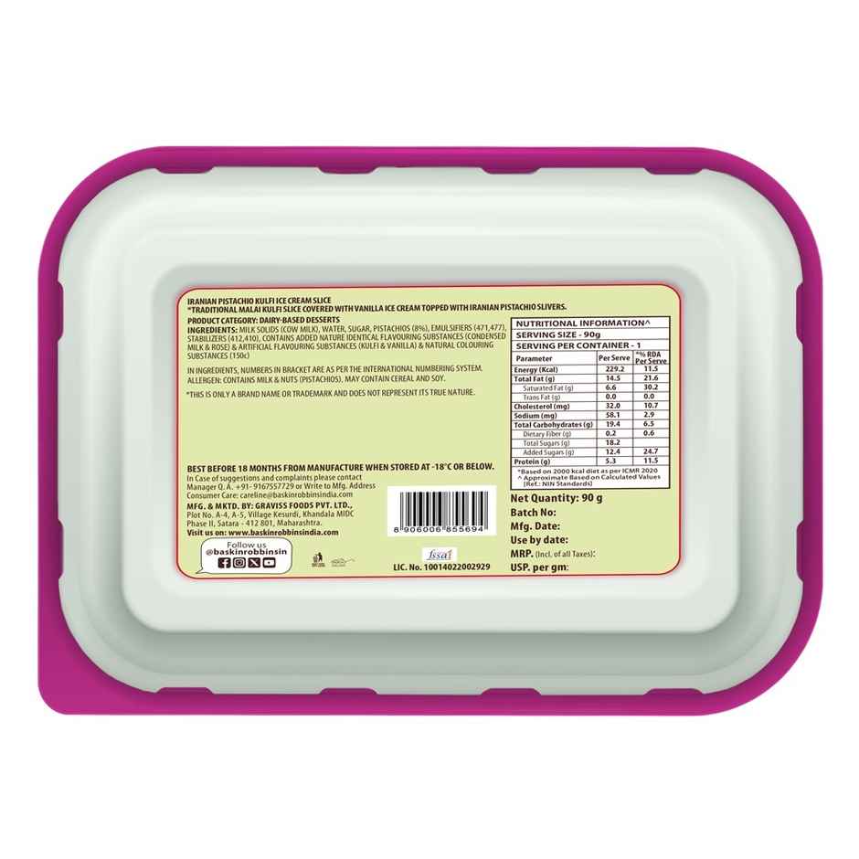 Baskin Robbins Iranian Pistachio Kulfi Ice Cream Cake Slice