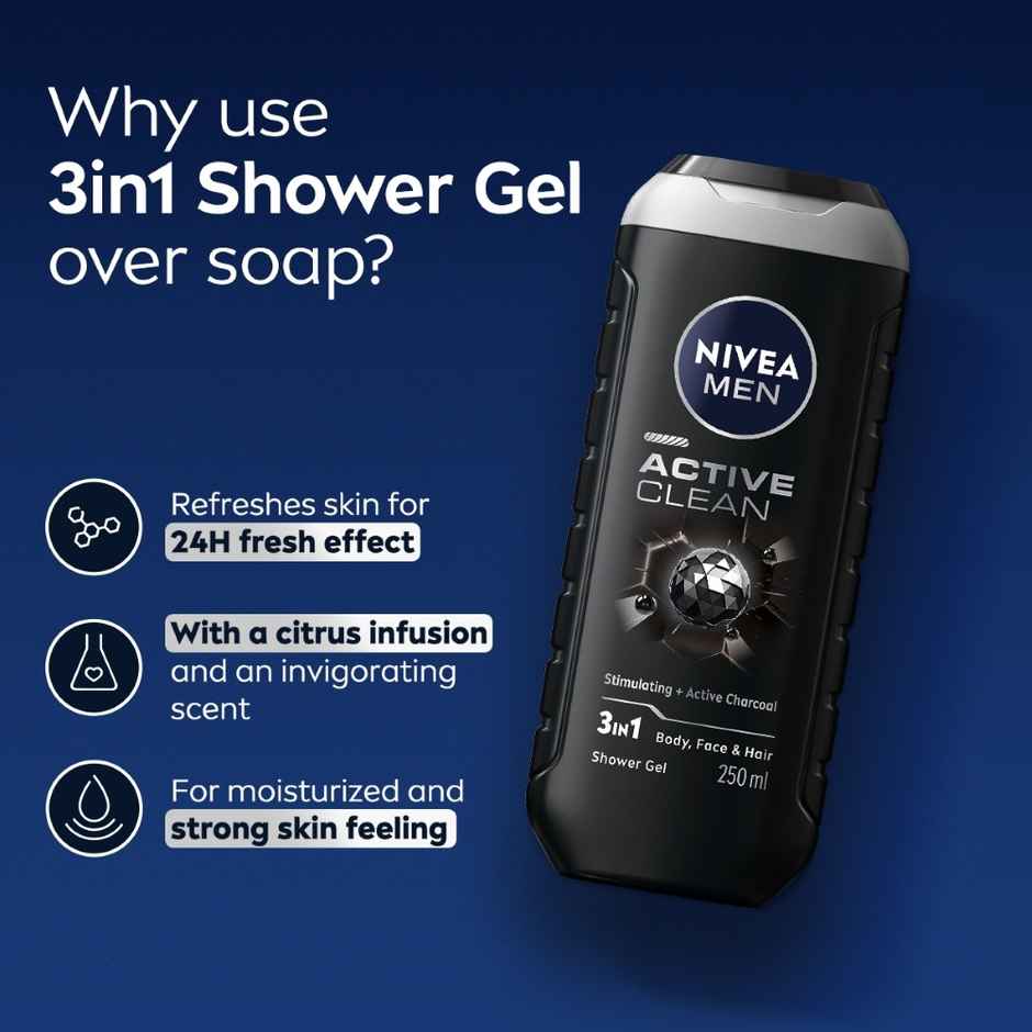 Nivea Men Active Clean with Active Charcoal Shower Gel for Body Face & Hair