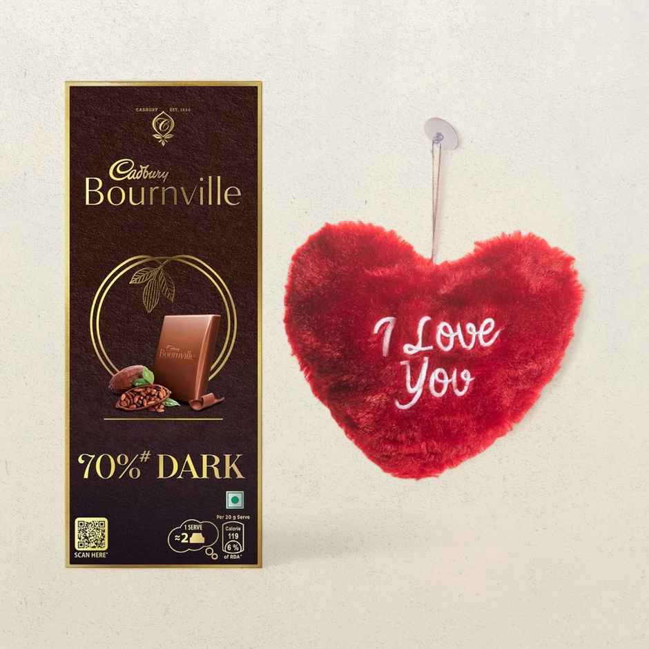 Cadbury Bournville Rich Cocoa 70% Dark Chocolate Bar(80gms) & I Love You Heart Cushion(25X18Cm)- Red(1pc) Combo