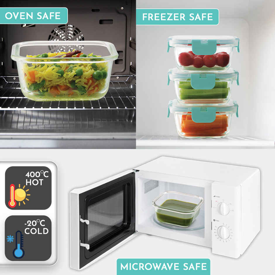 Magnus 320 ml Glock Linen Glass Lunch Box with Flat Pouch and Detachable Clip | 2 Square Containers