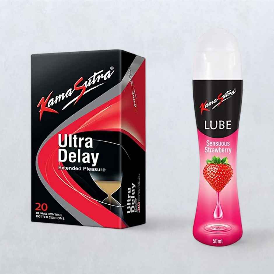 Kama Sutra Ultra Delay Condoms(20pc) & Kama Sutra Personal Lube Strawberry(50ml) Combo