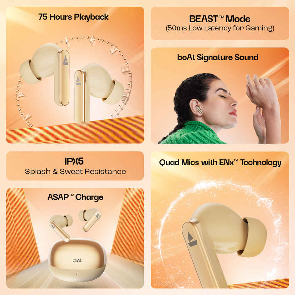 boAt Airdopes 301 TWS Earbuds W 75H Playtime, Quad Mics Enx Tech Beast Mode For Gaming Sunset Blush