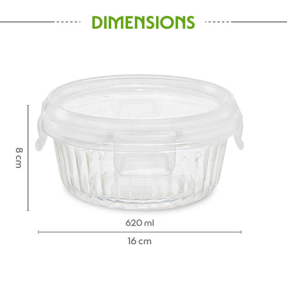Borosil 620ml Fluted Klip N Store Round Food Storage Container Borosilicate Glass Microwave Safe