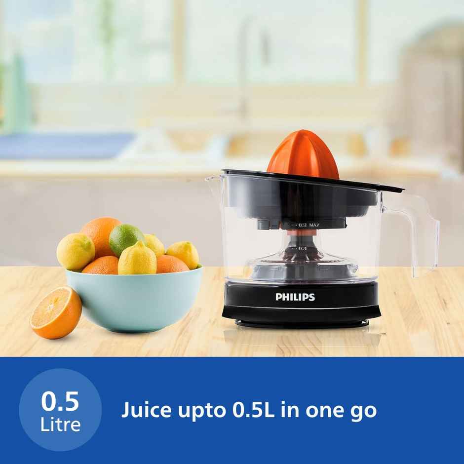 Philips HR2777/00 Citrus Press Juicer, 25 Watt, 0.5 Litre, 2 Sized Cones for different size fruit - Orange & Black