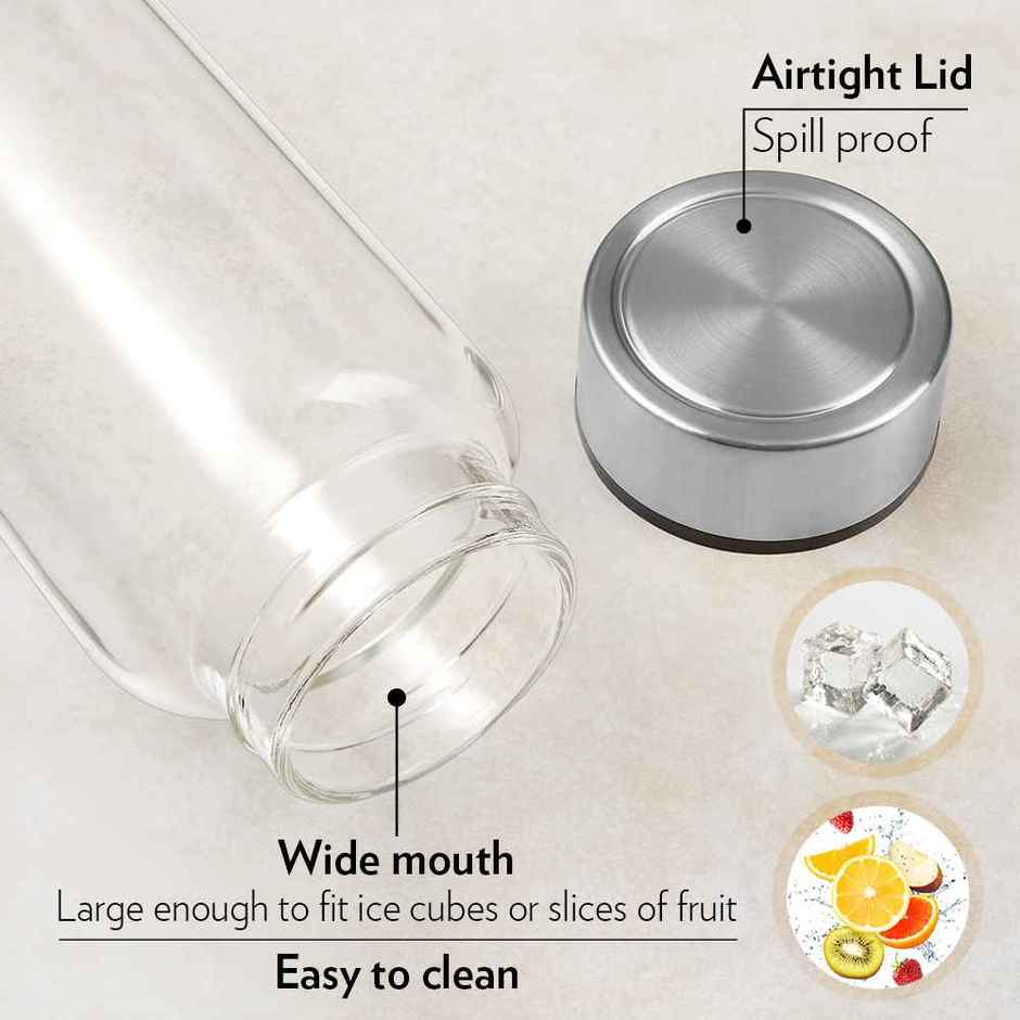 Borosil Crysto Wide Mouth Borosilicate Glass Water Bottle with Steel Lid | 750 ml