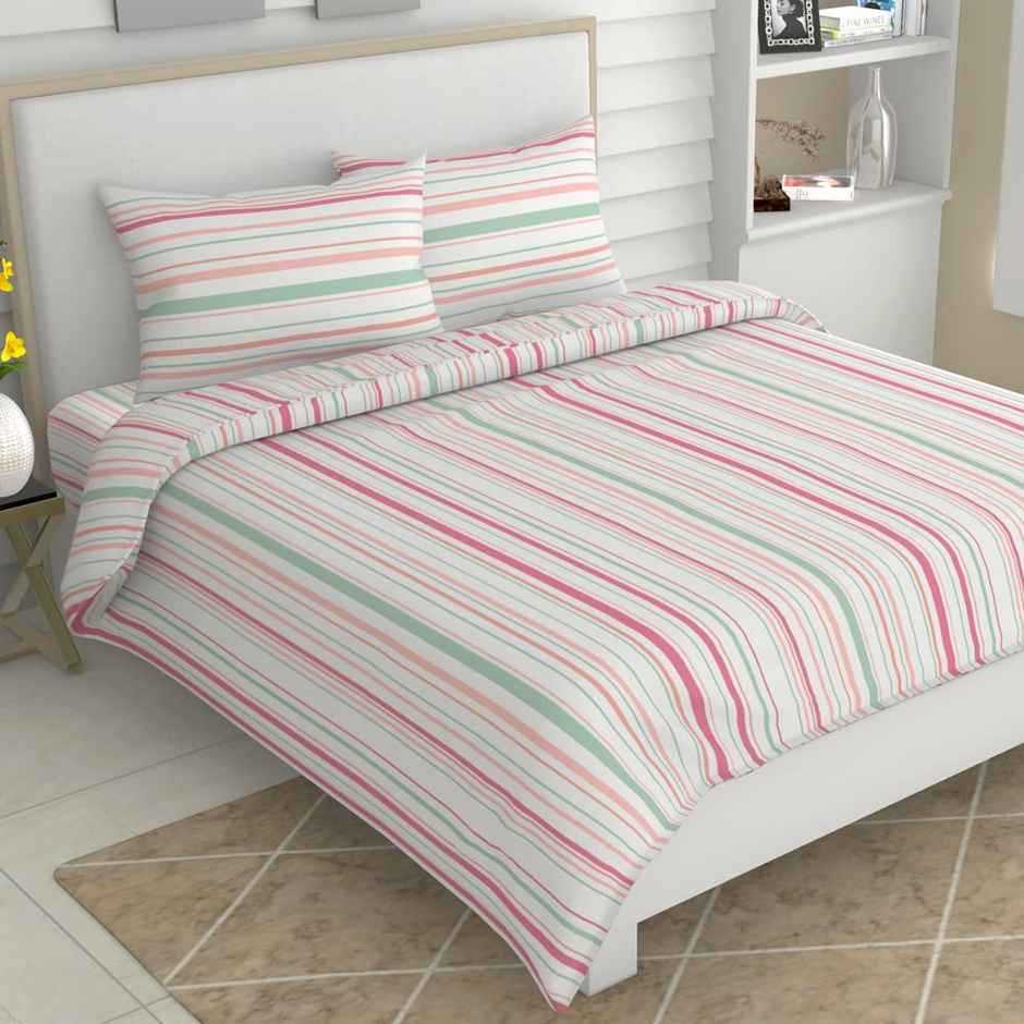 Haus & Kinder 100% Cotton King Size Bedsheet | Magical Stripe | Floral Pink & Blue | 270 x 270 cm