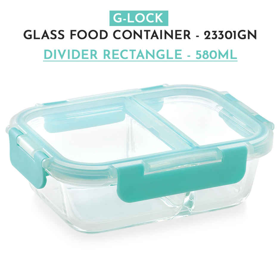 Magnus Glock 580 ml Divider Green Container with Airtight Lid & Detachable Lock, Borosilicate Glass