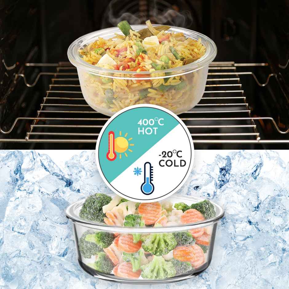 Magnus Glock Solid Glass Lunch Box- Flat Pouch- Detachable Clip-2 Round Containers-400Ml Each -Grey