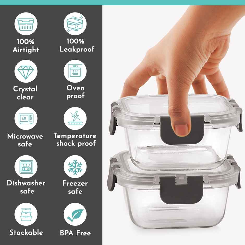 Magnus Glock Solid Glass Lunch Box | Flat Pouch & 2 Square Microwave Safe Containers | 320ml Each
