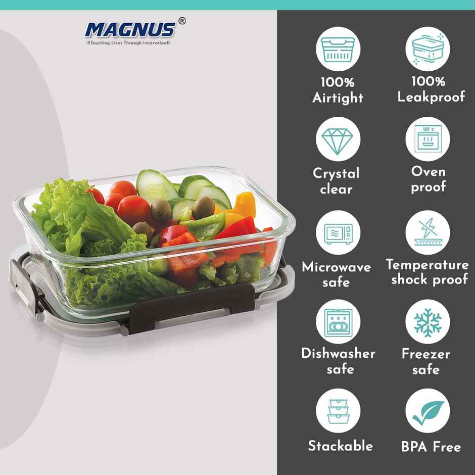 Magnus Glock 1040 ml Rectangle Grey Borosilicate Glass Container With Detachable Lock