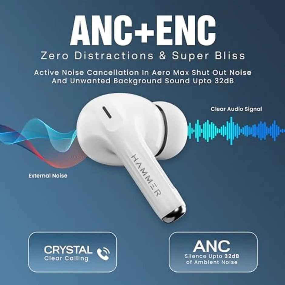 Hammer Aeromax ANC - 32Db TWS, BT v5.4, Low Latency, In-Ear Bluetooth Earbuds - White