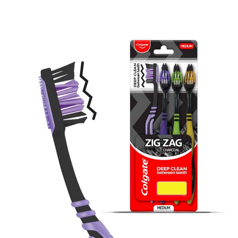 Colgate Zigzag Charcoal Medium Bristle Manual Toothbrush For Adults (4pc) & Colgate Max Fresh Plax Mouthwash - Fresh Mint (250ml) & Colgate Charcoal Clean Black Gel Toothpaste Deep Clean With Bamboo Charcoal & Wintergreen Mint (240g) Combo