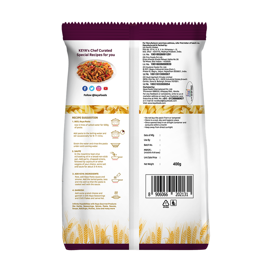 Keya Fusilli Pasta|Durum Wheat|No Maida