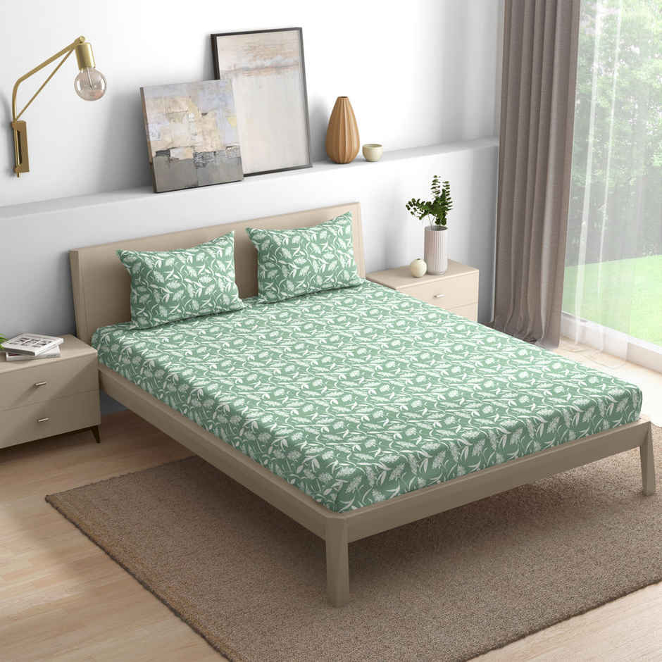 Wakefit 100% Cotton 144 TC Fitted Bedsheet With 2 Pillow Cover | King - 78x72 | Hester