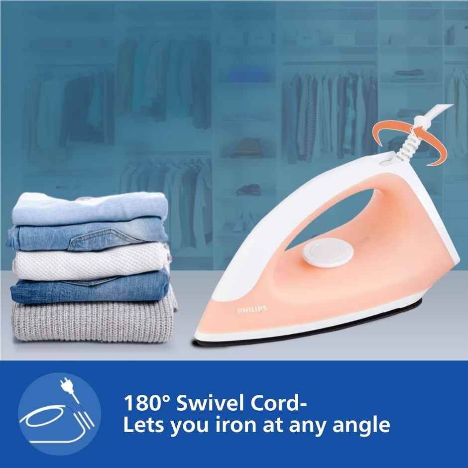 Philips Appliance Classic Gc097/50 Dry Iron - 750 W | 180 Degree Swivel Cord - Peach Colour